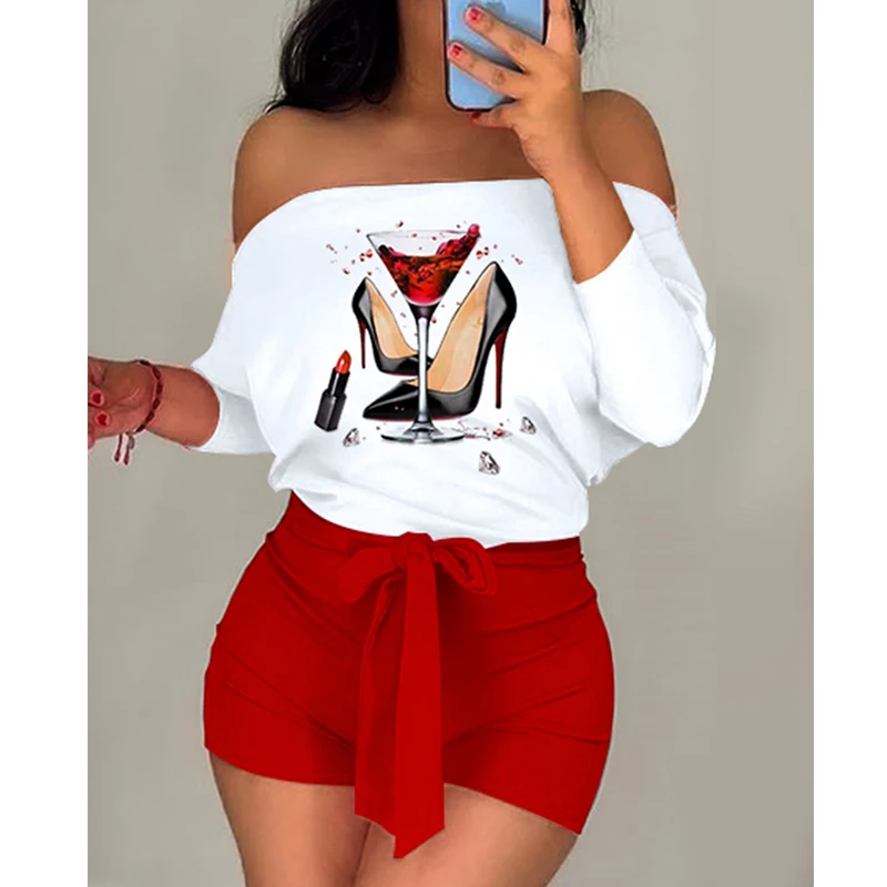 

Women Fashion Long Sleeve Skinny One Piece Batwing Sleeve Onesie Wine Glass Print Colorblock Off Shoulder Romper
