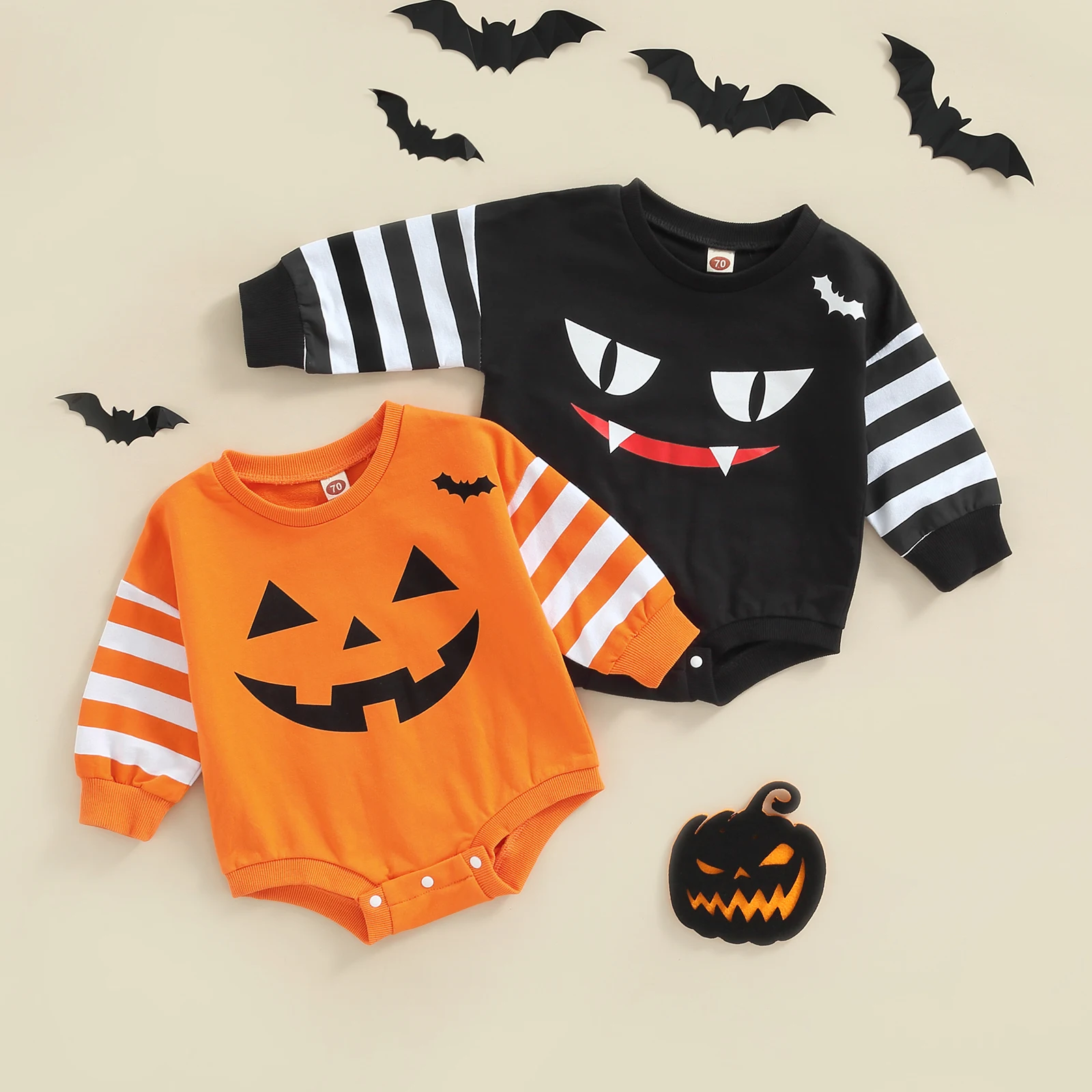 

Halloween Baby Newborn Boy Girl Bodysuit Stripe Long Sleeve Ghost Demon Pattern Elastic Cuff Bodysuit