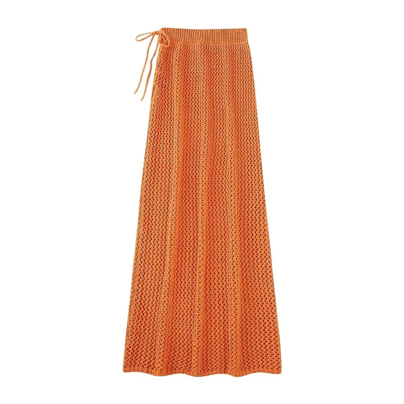 

TRAF Women Orange Crocheted Skirt Mid-Rise With Elastic Waistband Design Ties At Side Hollow Out Skirt Chic 2 Colors Fashion New