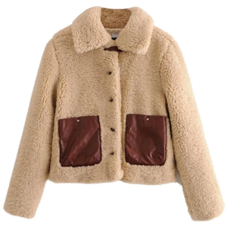 ZA Women New Khaki Patchwork Suede Lambswool Biker Jackets Coat Chic Loose Fur Faux Leather Oversize Top Female Overcoat