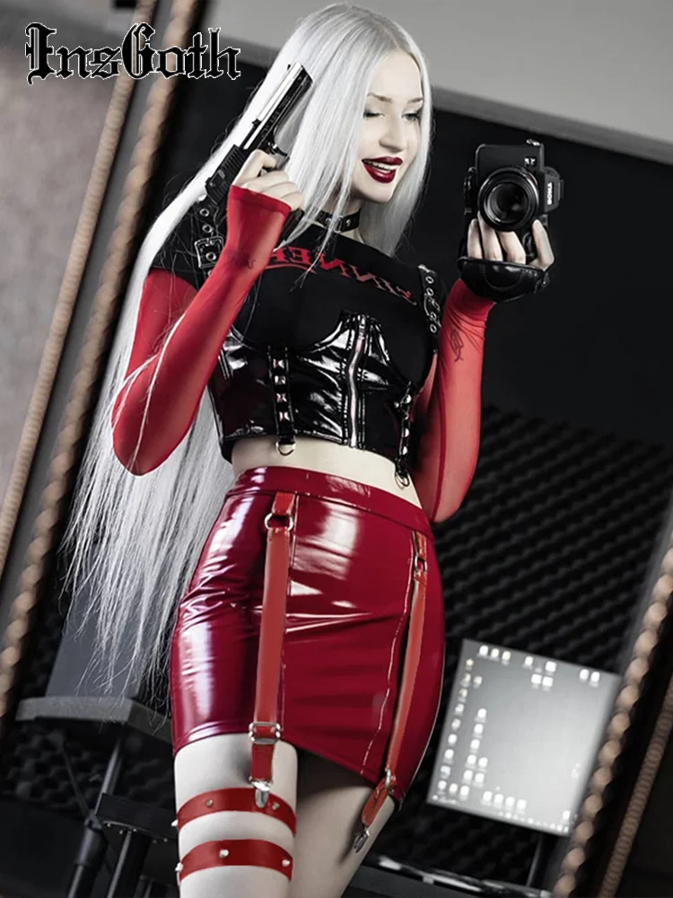 Юбка-мини из ПУ кожи с завышенной талией и кольцом | Женская одежда