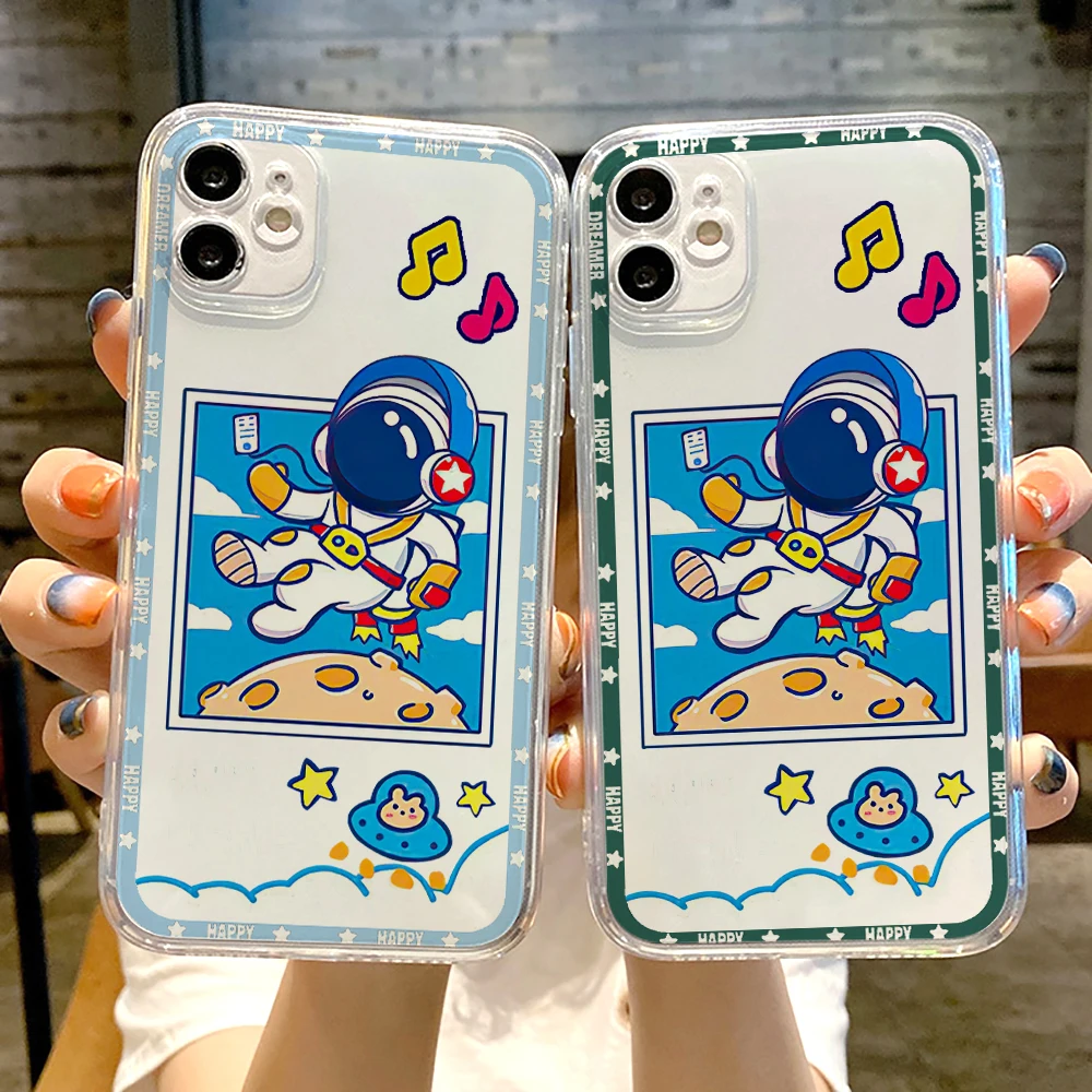 

Astronaut Cute Phone Case For iPhone 11 12 13 14 Pro Max 12 13 Mini X XR XS 14 MAX SE 2020 7 8 6s Plus Luxury Ultra Transparent