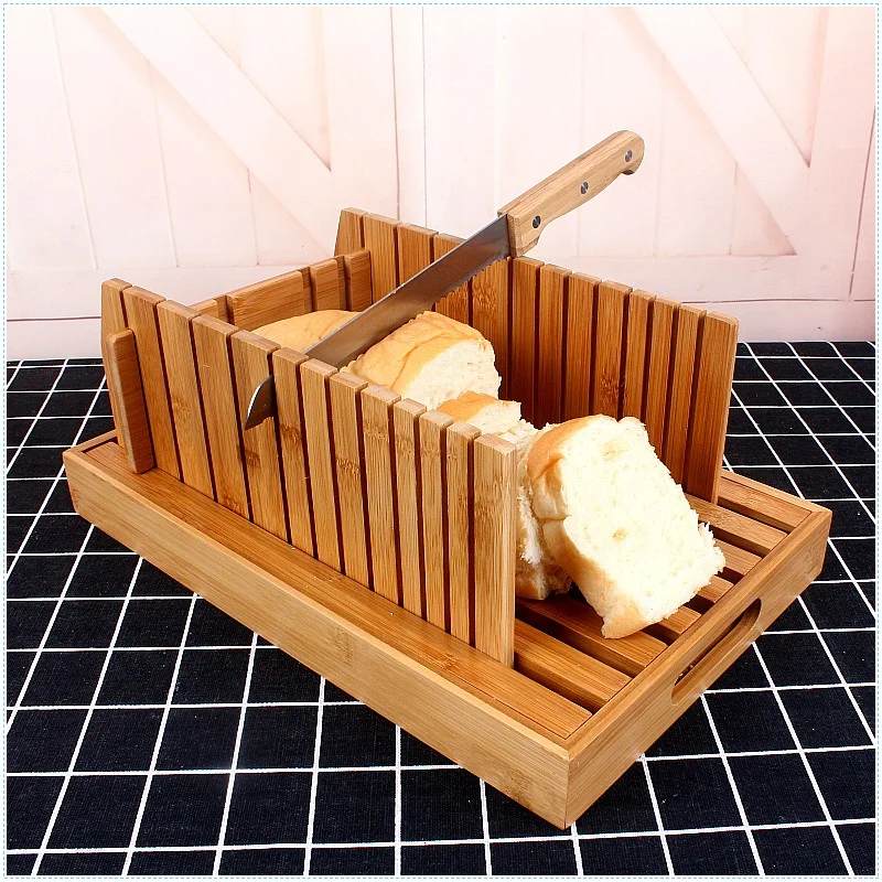 

Natural Bamboo Bread Slicer With Crumb Tray Compact Bamboo Bread Cutter For Slicing Homemade Bread French Bread Baked Bread