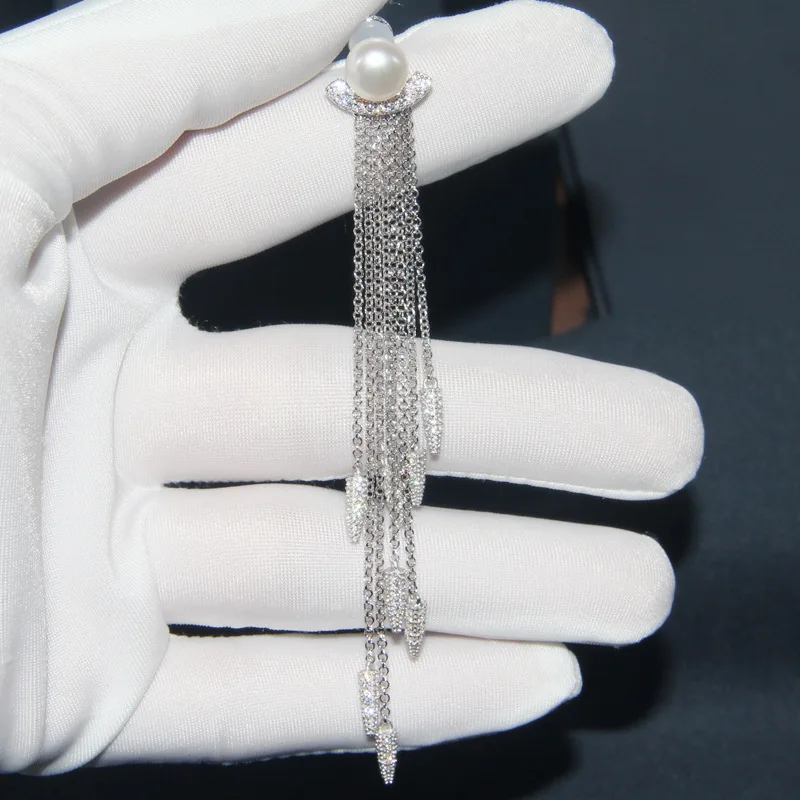 

Sterling Silver Earrings for Women Crystal Diamond Pearl Tassel Earrings Elegant Jewelry