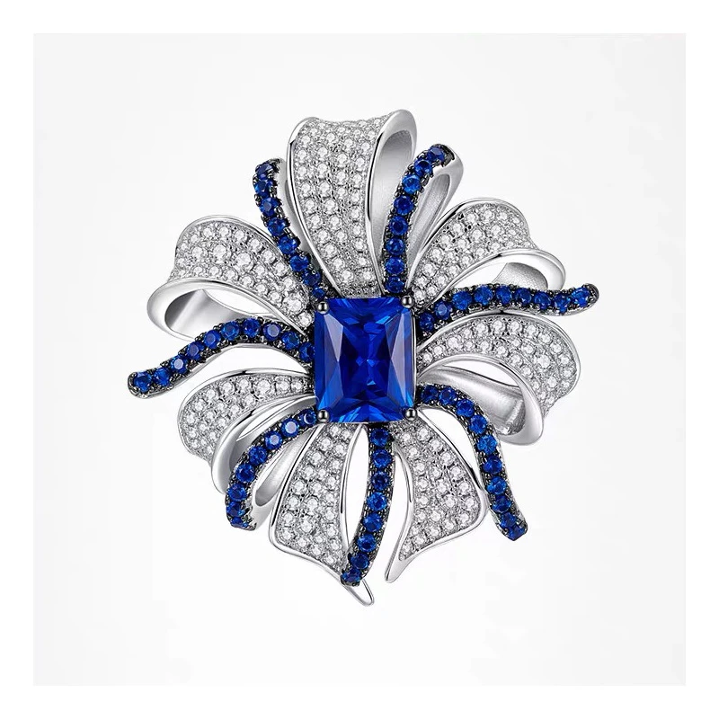 

Luxurious Blue Crystal 925 Silver Bow Brooches for Women Men Suit Exquisite Design Full Zircon Romantic Brooch Pin Party Jewelry