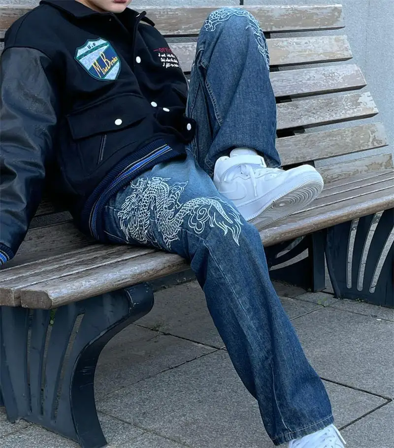 Jeans men's and women's retro blue embroidered dragon pattern jeans high-waisted loose and thin drapey mopping pants