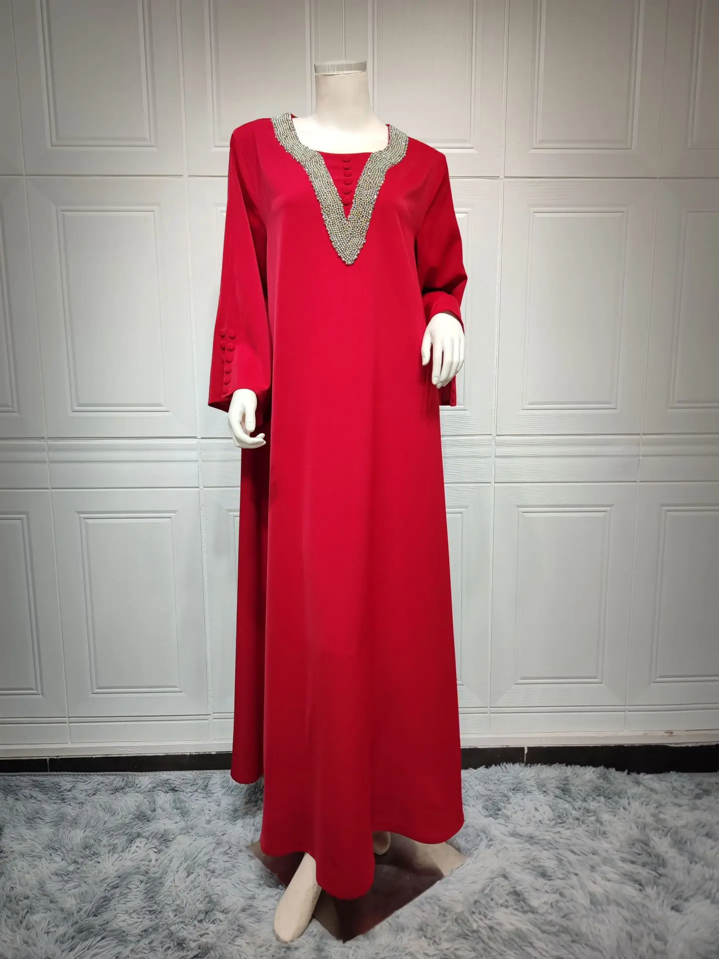 Morocco Party Dress for Women Fashion Diamonds Button Decoration Long Sleeve Party Prom Dress Ramadan Muslim Women Maxi Vestidos