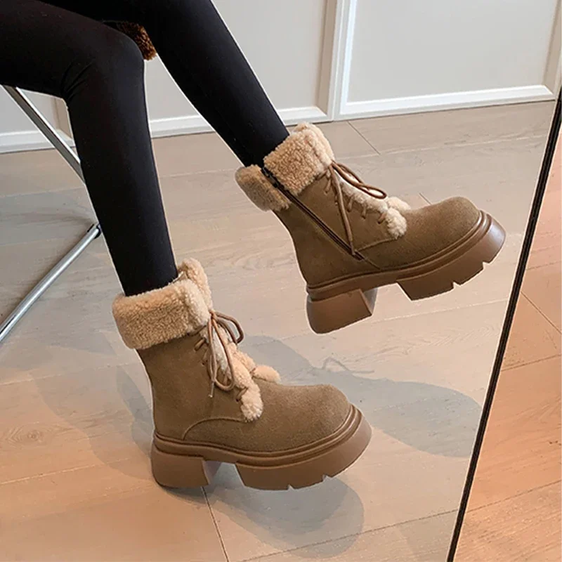 

Женские замшевые ботинки челси, Теплые ботильоны на меху, на плоской платформе, со шнуровкой, Короткие Плюшевые ботинки в стиле панк, зима 2024