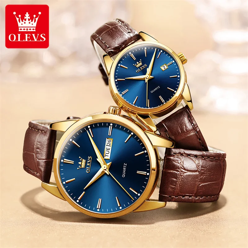 OLEVS Lovers Watches for Men and Women Fashion Leather Quartz Wristwatch Waterproof Date Simple Clock Couple Watch Gifts