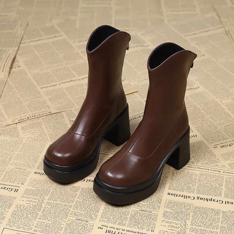 

Женские ботильоны на толстом каблуке, повседневные Простые кожаные ботинки с круглым носком, теплая Нескользящая короткая обувь для осени и зимы, 2023