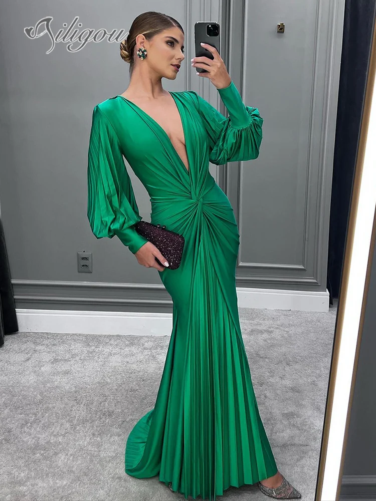 Женское облегающее платье Ailigou Зеленое Длинное Платье с V-образным вырезом и