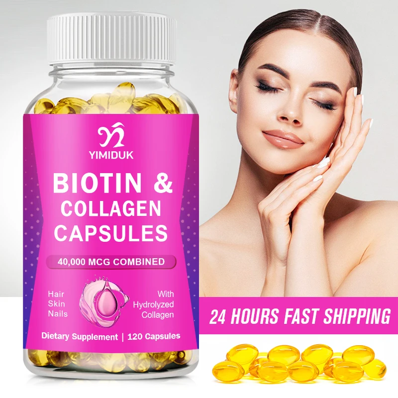 

Biotin with Collagen Supplement Protein Support Anti Aging Formula Strong Nails Shiny Hair Glowing Smooth Skin Vegan Capsule