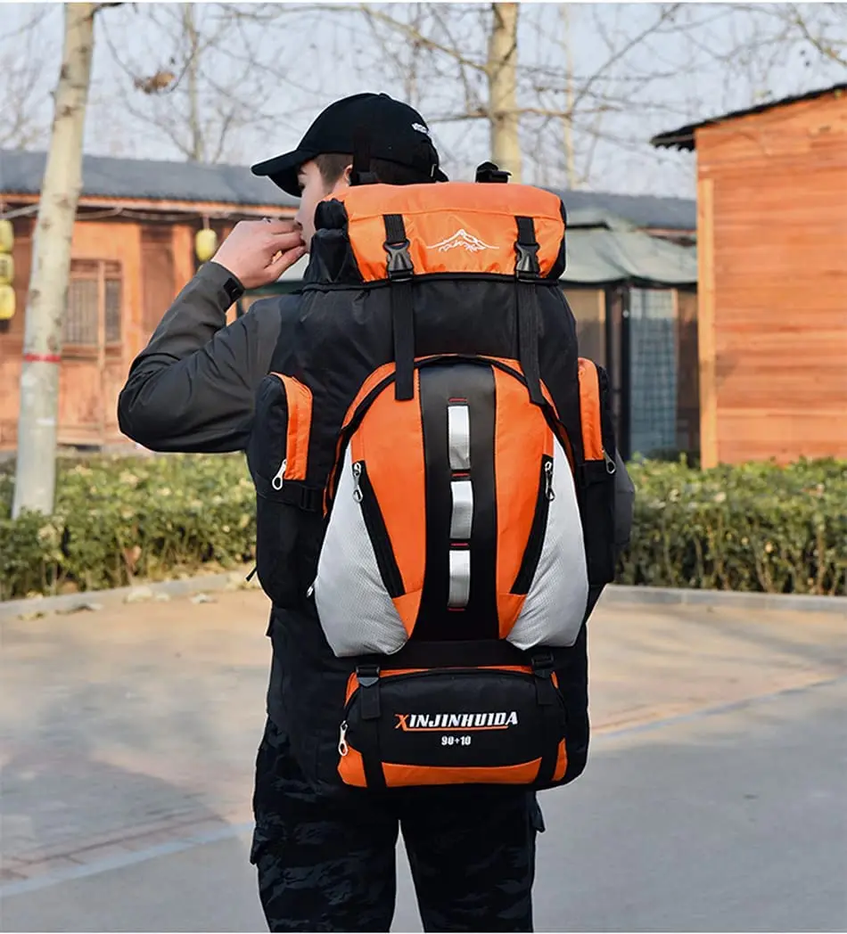 Kixnor 90L+10L Hiking Backpack Men Women for Travel Mountaineering Climbing Camping Trekking Waterproof Daypack (Orange)