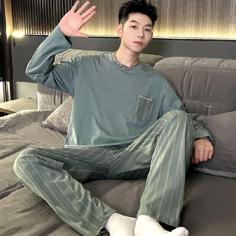 New  Men's Pajamas Set  Spring Leisure Elastic Waist Men Sleepwear Cotton Men's Long Sleeve Nightwear Trousers Homewear Clothes
