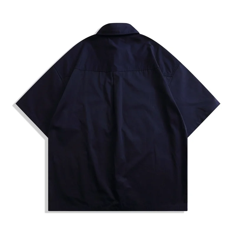 Men Shirt Summer Solid Color Loose Cardigan Shirt Streetwear Men's Turn-down Collar Short Sleeve Single-Breasted Pocket Shirt