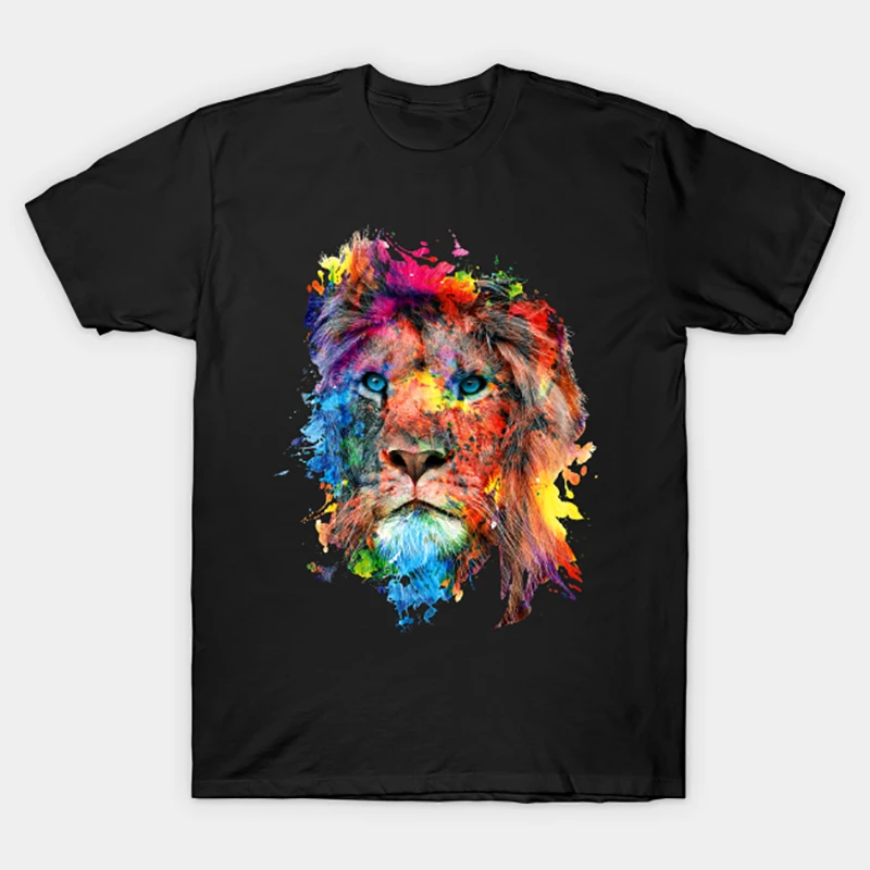 

Men's Funny Colorful Lion Print Cotton T-Shirt Man Designer Short Sleeve Casual Tees Summer Breathable Tops Streetwear for Male