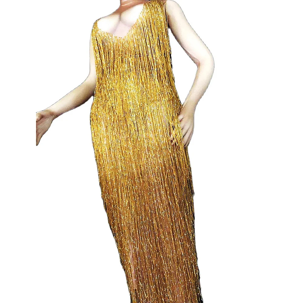 

Блестящее Золотое женское длинное платье с бахромой, платье для ночного клуба, бара, шоу, диджея, певицы, выступления, трико, платье для дня рождения, вечерний костюм для выпускного вечера