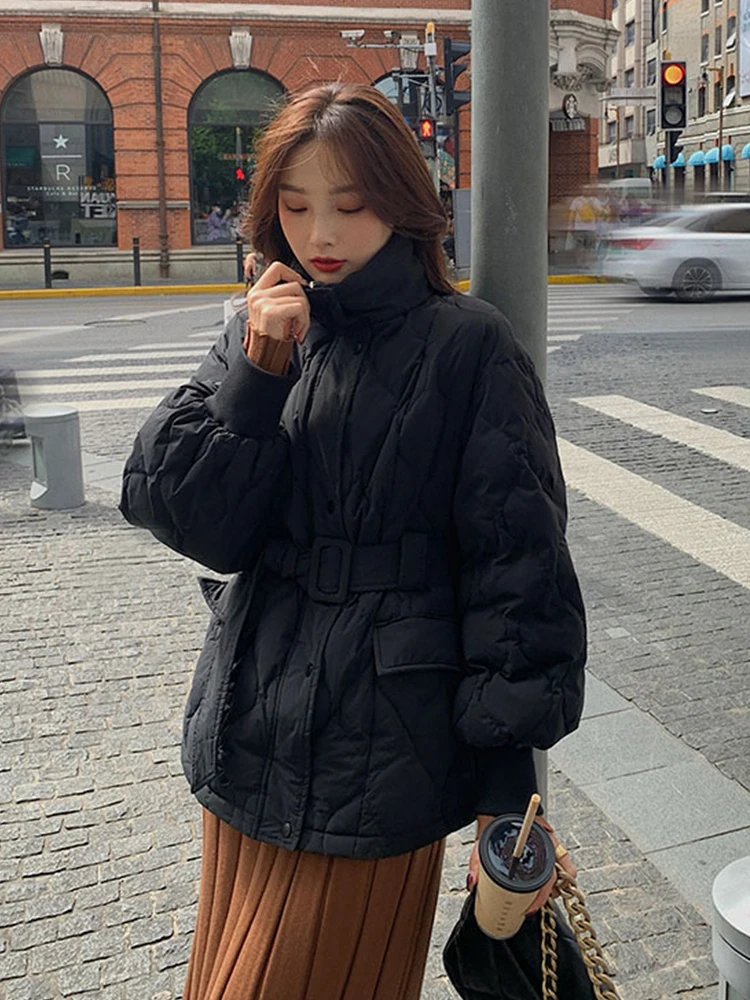 2022 Winter Thick Cotton Padded Coats Women Single-Breasted Zippers Lace-Up Female Parkas Stand Collar Female Jackets Outwear