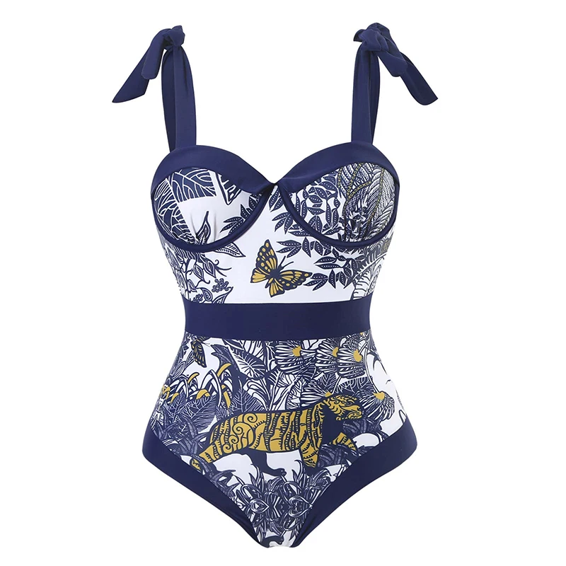 Lanswe One Piece Push Up Swimwear Women Padded Sling Swimsuit Vintage Printed Bikini Bath Suit Chiffon Long Skirt Suit