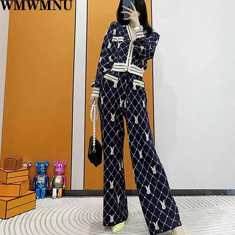 Women Lattice Knited Two Piece Set Autumn Winter Tracksuits  Sets Long Sleeve Cardigan +  High Waist Lace-up Long Pant Outfits