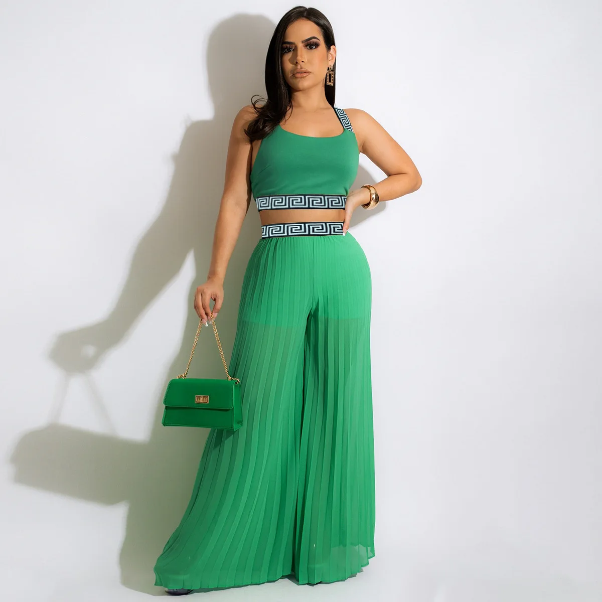 

Женский комплект из двух предметов, разноцветный шифоновый плиссированный комплект с широкой спортивной спинкой и эластичным плечевым ремнем