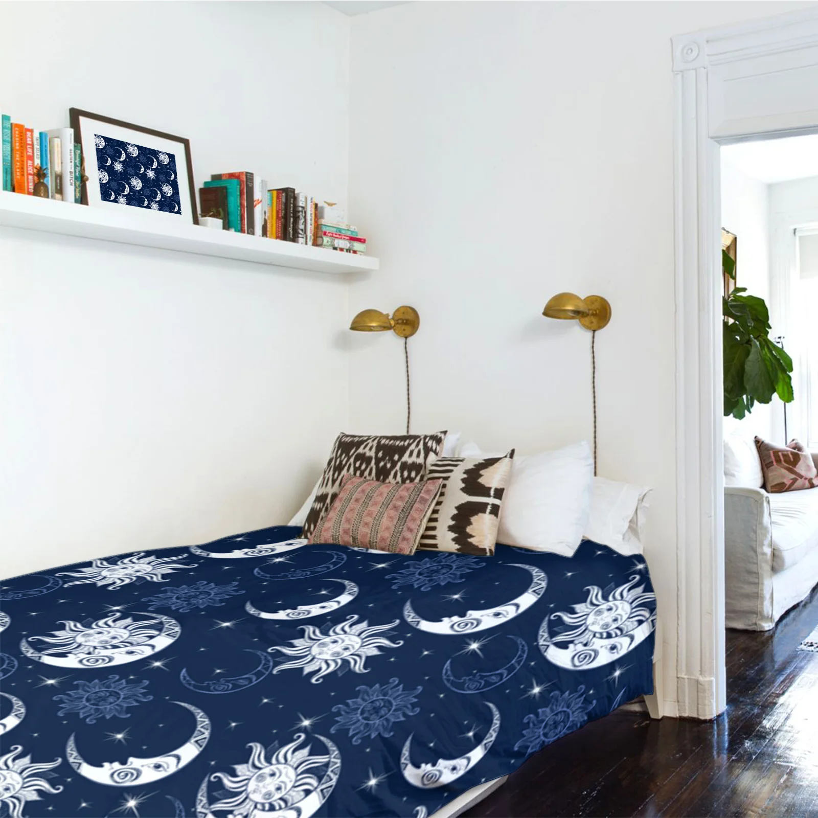 Гобелен в стиле хиппи с Луной и звездами звездным небом темно-синего цвета