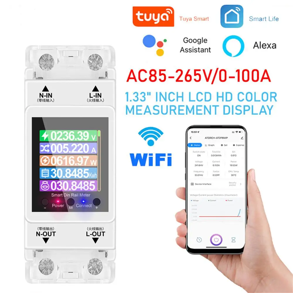 

TUYA WiFi Single-phase Smart Meter AC 220V Digital Display Electricity Meter Voltage Power Electricity Quantity Power Monitor