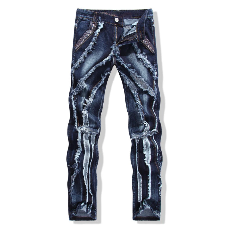 Men’s Trendy Patchwork Denim Pants,High Quality Slim-fit Rivet Decors Blue Jeans,Street Fashion Sexy Jeans,Daily Casual Jeans ;