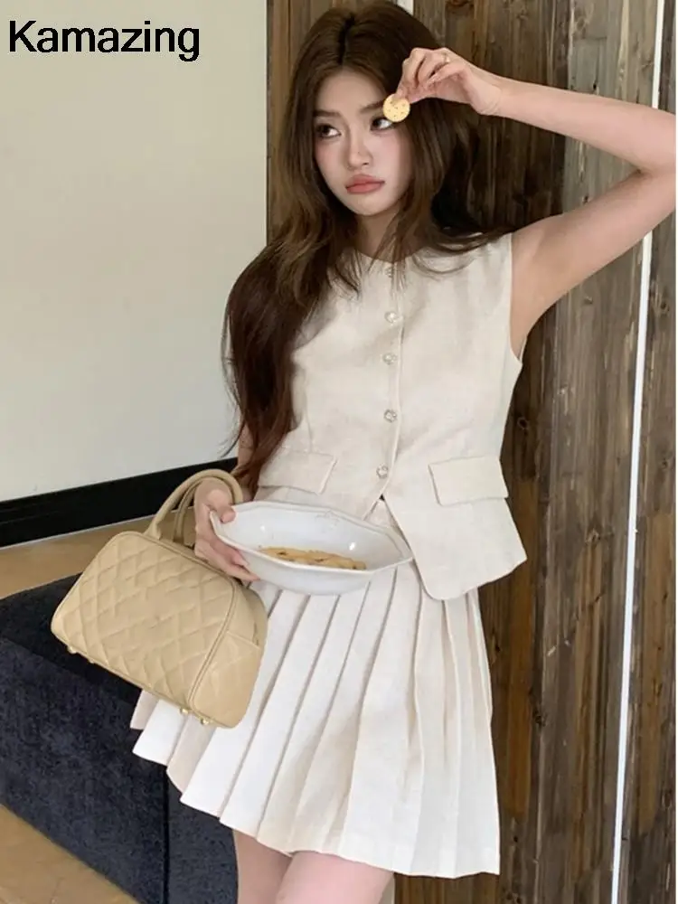 Летний плиссированный комплект с мини-юбкой корейский стильный пиджак без