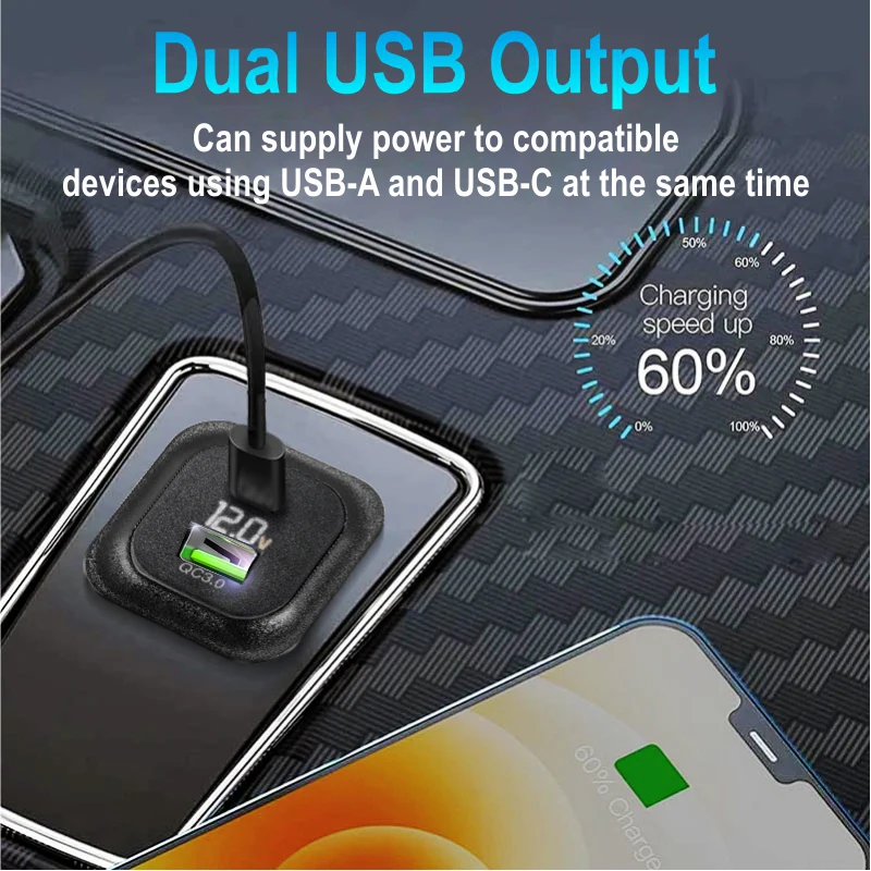 Автомобильное зарядное устройство USB C 12 В/24 В двойная USB-разъем PD3.0 и QC3.0