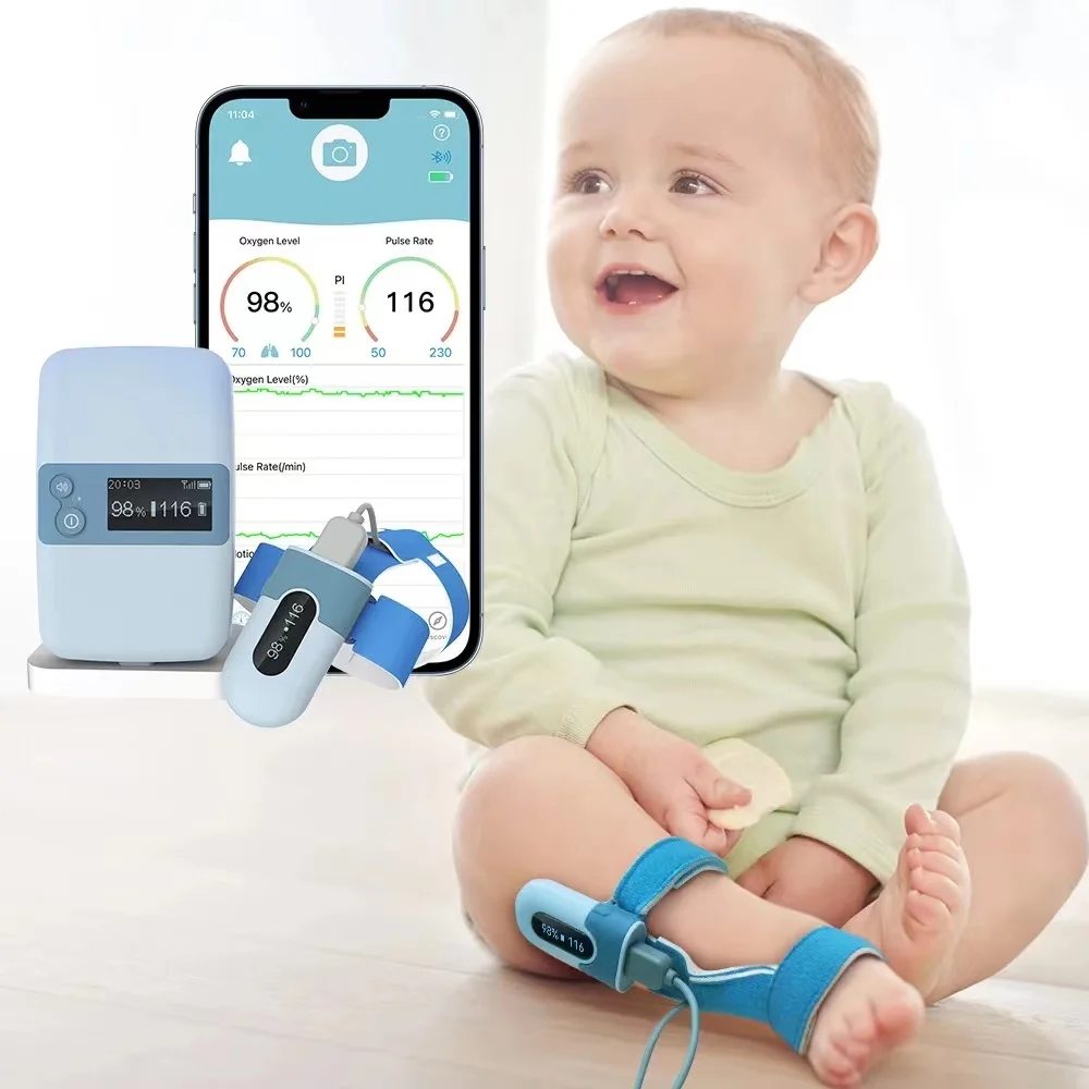 

2023 New Rechargeable Bluetooth Smart Audio Reminder Wearable Baby Spo2 Sleep Heart Rate Baby Blood Oxygen Monitor