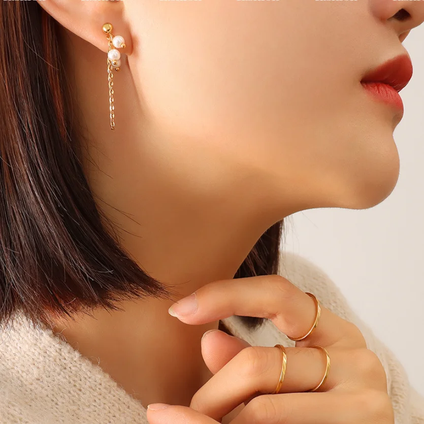 

MANI E PIEDI 18k Gold Color Stainless Steel Imitation Pearl Tassel Stud Earring For Women Luxury Quality Temperament Jewelry INS