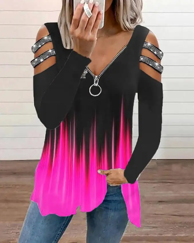 

Модные женские блузки рубашка с цветными вставками стразы на ремешках с вырезом на молнии спереди футболки пуловер Топы осень зима новые повседневные