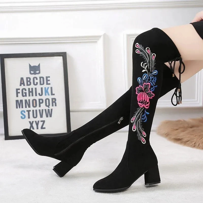 

Sexy Women's Over Knee Boots Embroidered Thigh Boots Ladies Casual 2022 Winter Keep Warm Snow Boots High Heels Shoes Woman