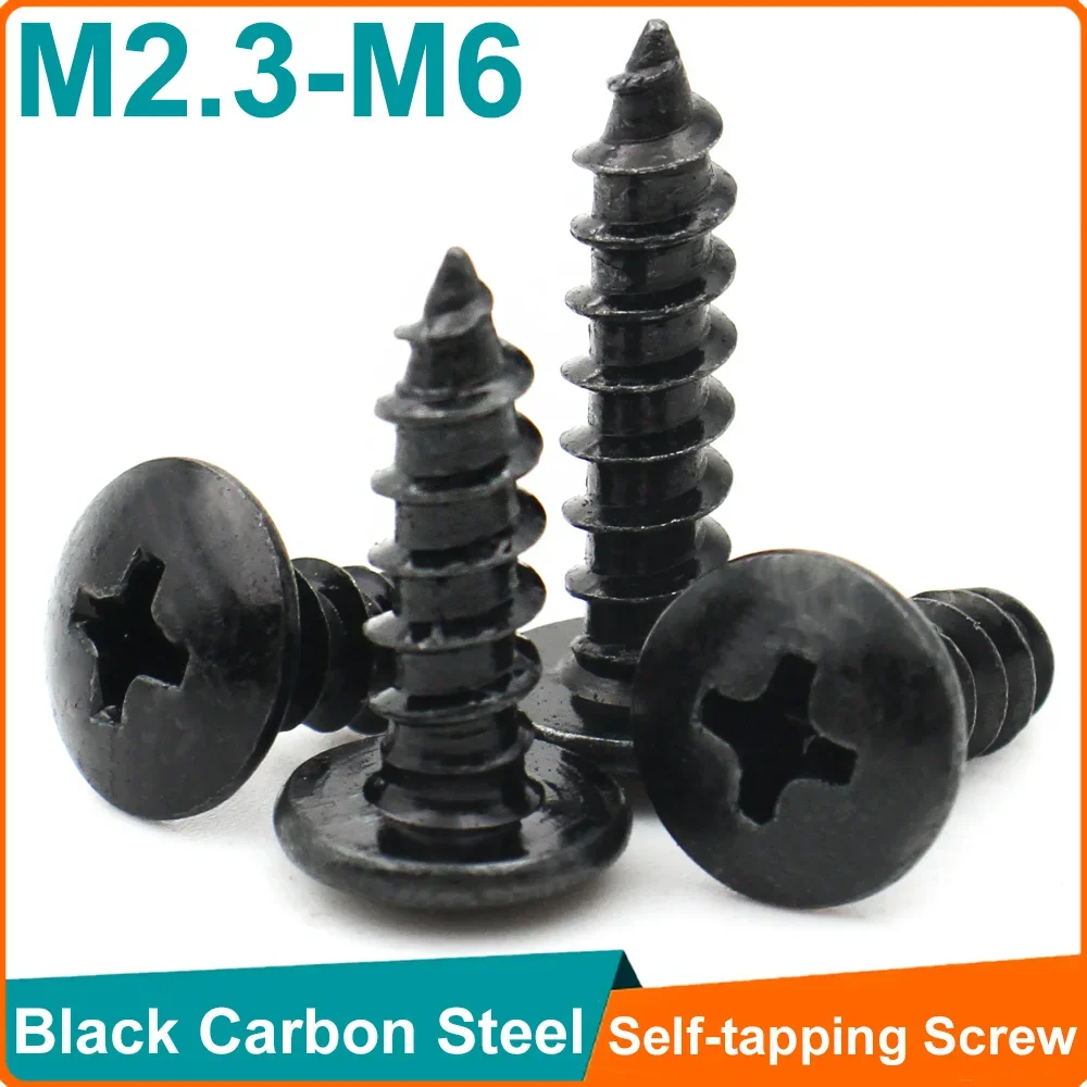 

100-10 шт. M2.3 M2.6 M3 M4 M5 M6 Черные стальные винты Phillips с крестообразным шлицем и большой плоской головкой Саморезы по дереву с грибовидной круглой головкой