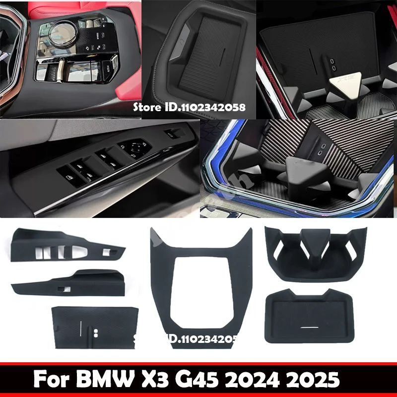 Фото Для BMW X3 G45 2024 2025: силиконовый резиновый черный коврик для передних дверей, оконных переключателей, подстаканников, беспроводной зарядки, заднего подлокотника №1