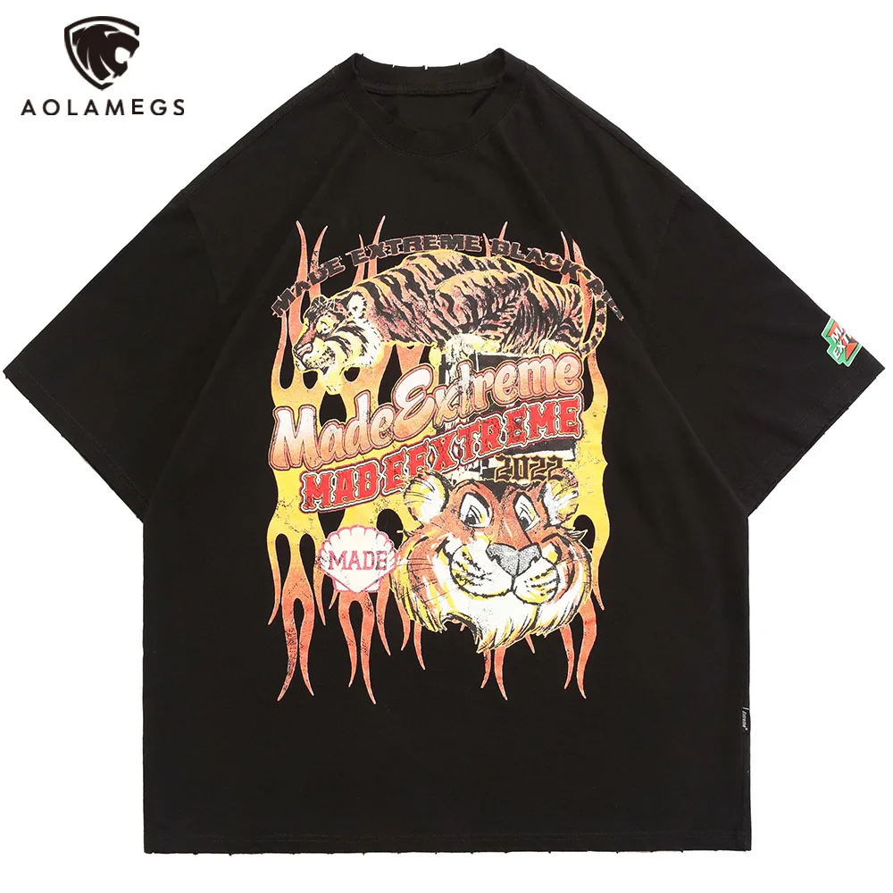 

Aolamegs Oversized Men T-shirts Letter Flame Tiger Print T-shirt Summer Gothic Punk Tee Tops Cottons Cozy Fashion Couple Clothes
