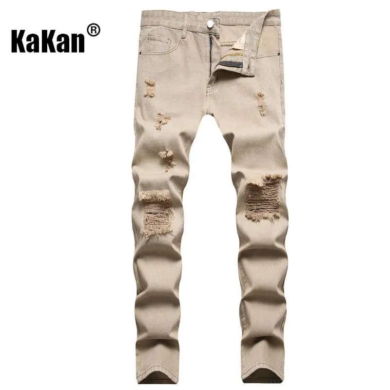 Kakan - New European and American Distressed Jeans for Men, Black and Yellow Khaki Hot Selling Straight Leg Casual Long JeansK44