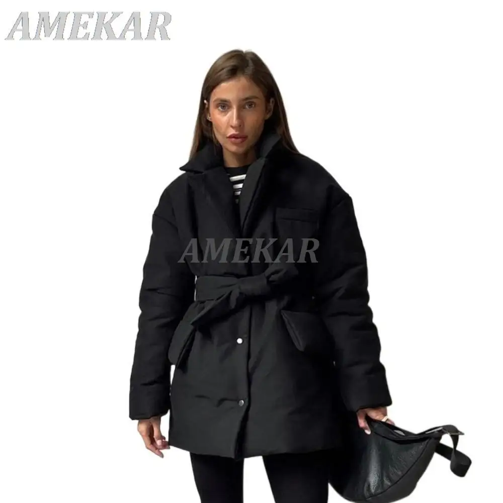 New Short Winter Parkas Women Warm Down Cotton Jacket Female Casual Loose Outwear Belt Cotton-padded Winter Coat For Women 2022