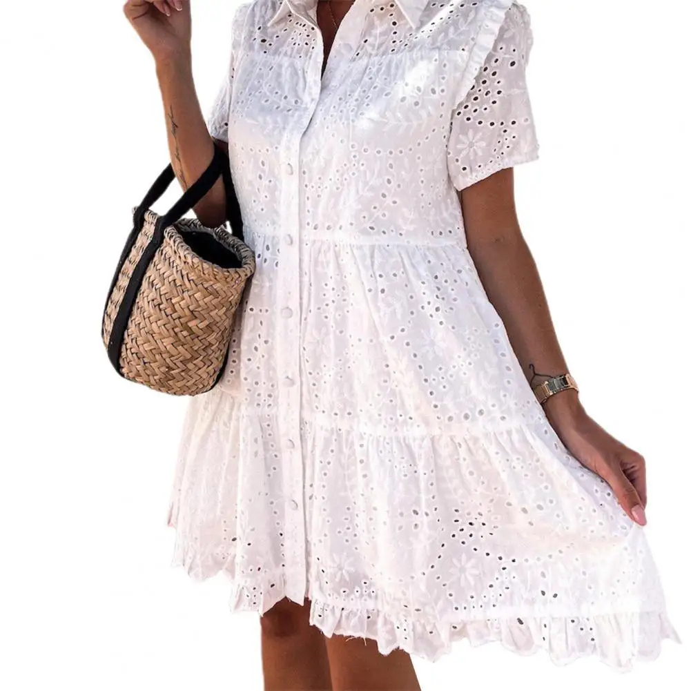 

Fashion Short Dress Hollow Lace Single-breasted Women Dress for Daily Life