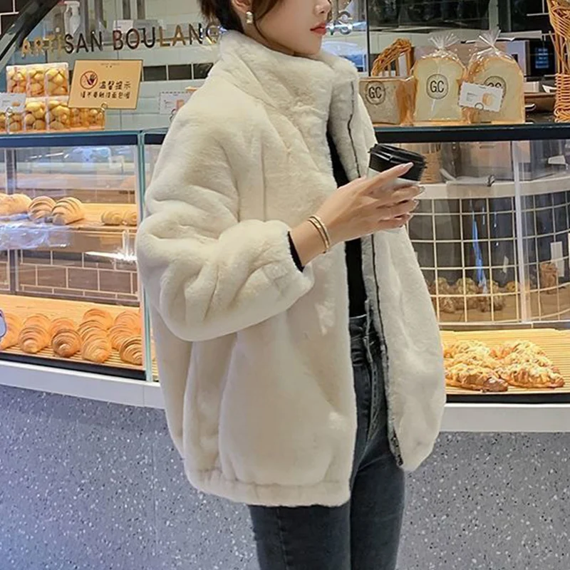 Autumn Winter Stand Collar Faux Fur Casual Fashion Zipper Coat Lady Plus Velvet Thick Warm Cardigan Top Women Loose Wild Outwear