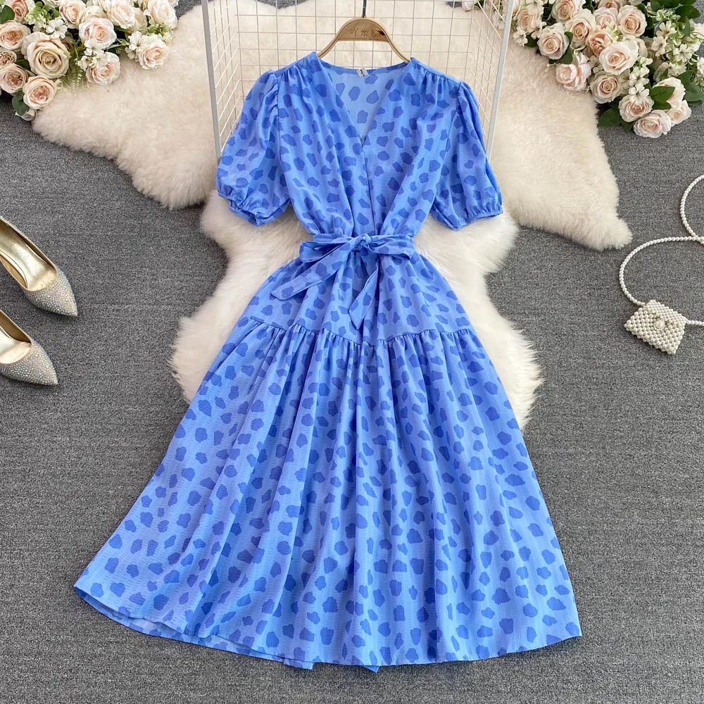 

Women French Style Floral Dress 2022 Summer V Neck Sashes Fashion Slim Temperament Ladies A Line Print Dresses