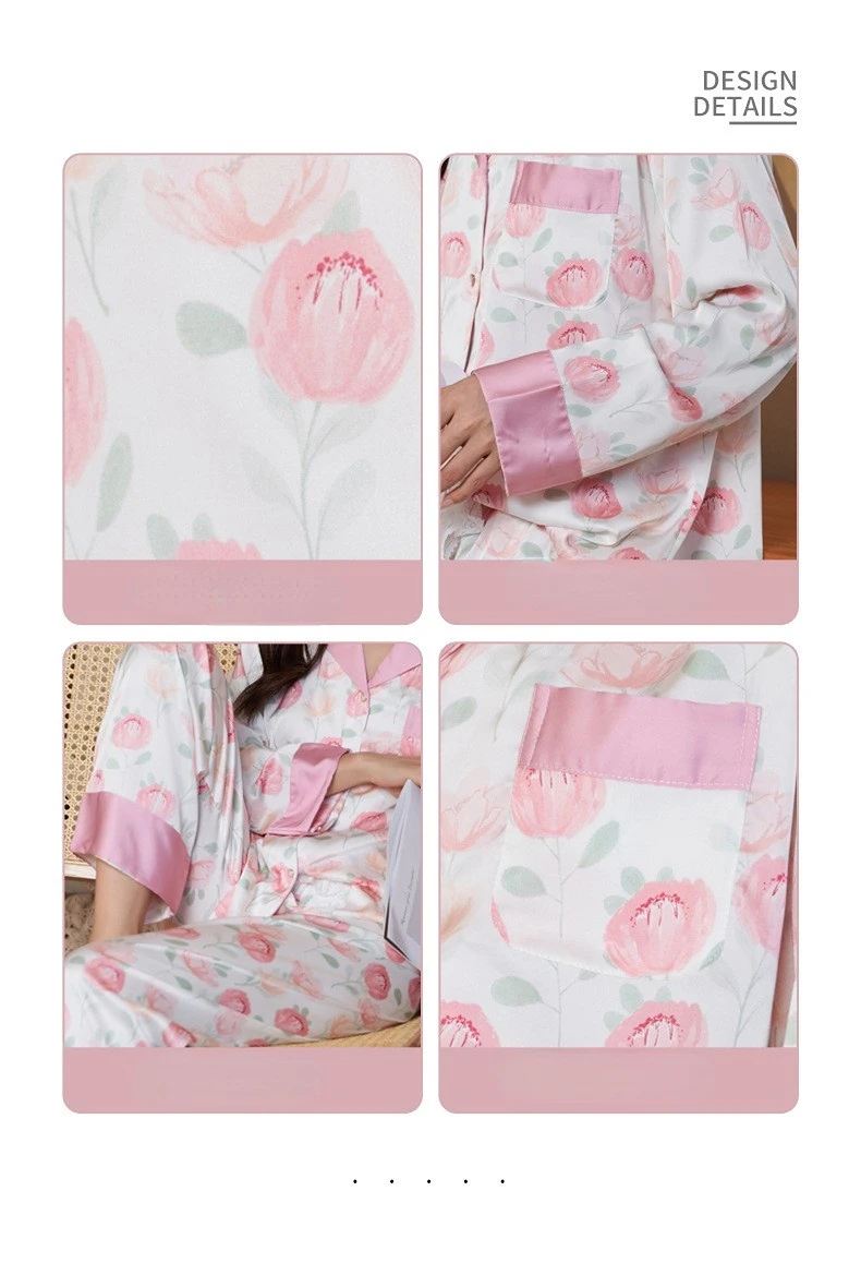 Women's 3 Piece Pajamas Sets Soft Cute Floral Pijama Faux Silk Satin Pyjama Female Sleepwear Long Sleeve Shirt Trouser Homewear