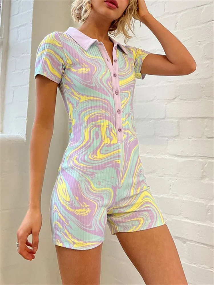 

Красочные комбинезоны в полоску CHRONSTYLE с пейсли, летние комбинезоны 2022, облегающие велосипедные шорты с коротким рукавом, пуговицами и V-обра...