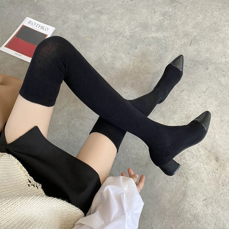 Shoes Women Elastic Over The Knee Long Boots Sexy Pointed Toe Med Heel Ladies Thigh High Boots Black Boots Chaussures Femmer