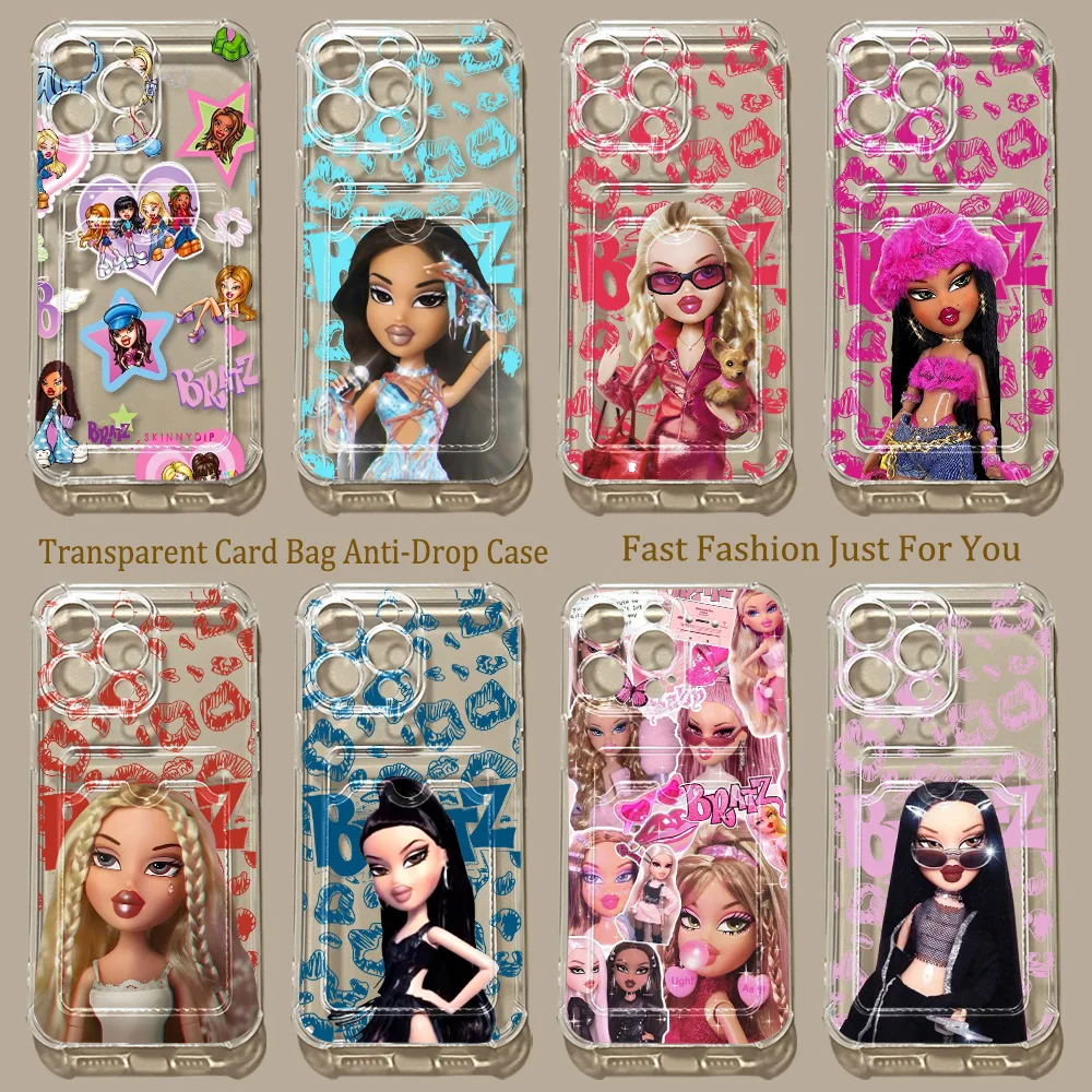 Фото Новый очаровательный чехол-картхолдер BratzS для iPhone 17e 17 16e 16 15 14 13 12 11 Mini Pro Max Air Plus, противоударный, прозрачный №1