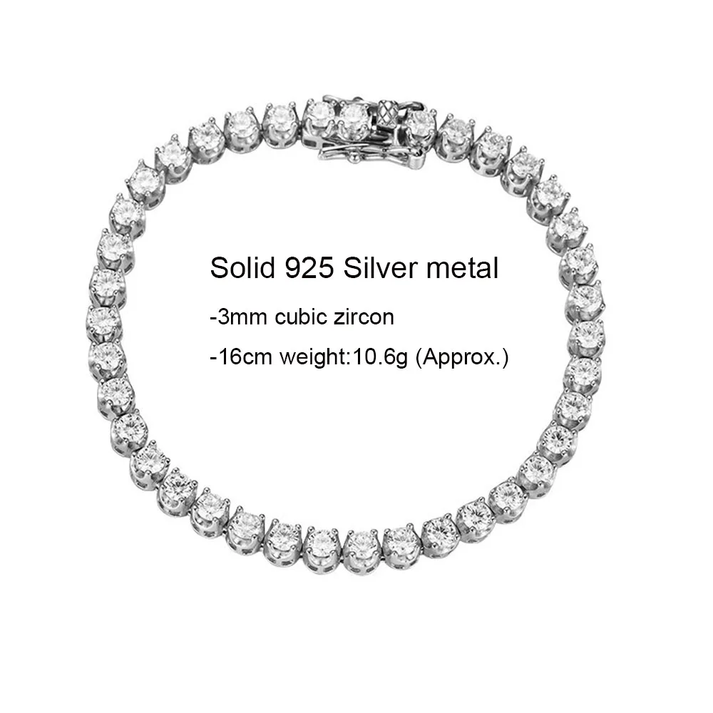 Теннисный браслет из настоящего серебра 925 пробы 15-18 см с блестящим цирконом 3 мм -