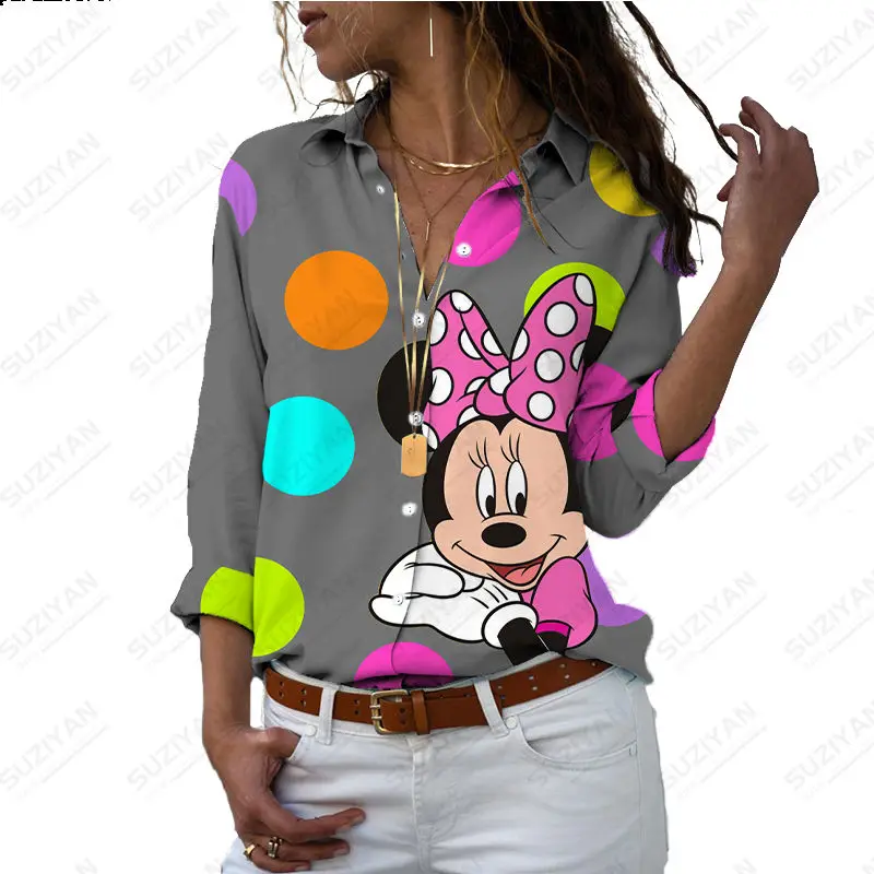 

Новинка, облегающая женская рубашка-поло с длинным рукавом и пуговицами, с 3D принтом, в стиле Харадзюку, Микки и Минни, Дональд Дак, повседневная Милая рубашка 2023