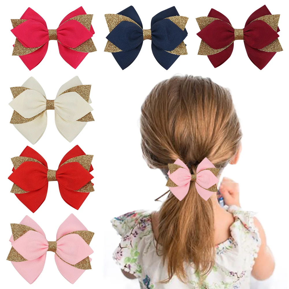 

ncmama Hair Clips for Girls Children Solid Color Glitter Grosgrain Hair Bows Hairclip Hair Accessories Headwear 3*4 Inches 2 PCS