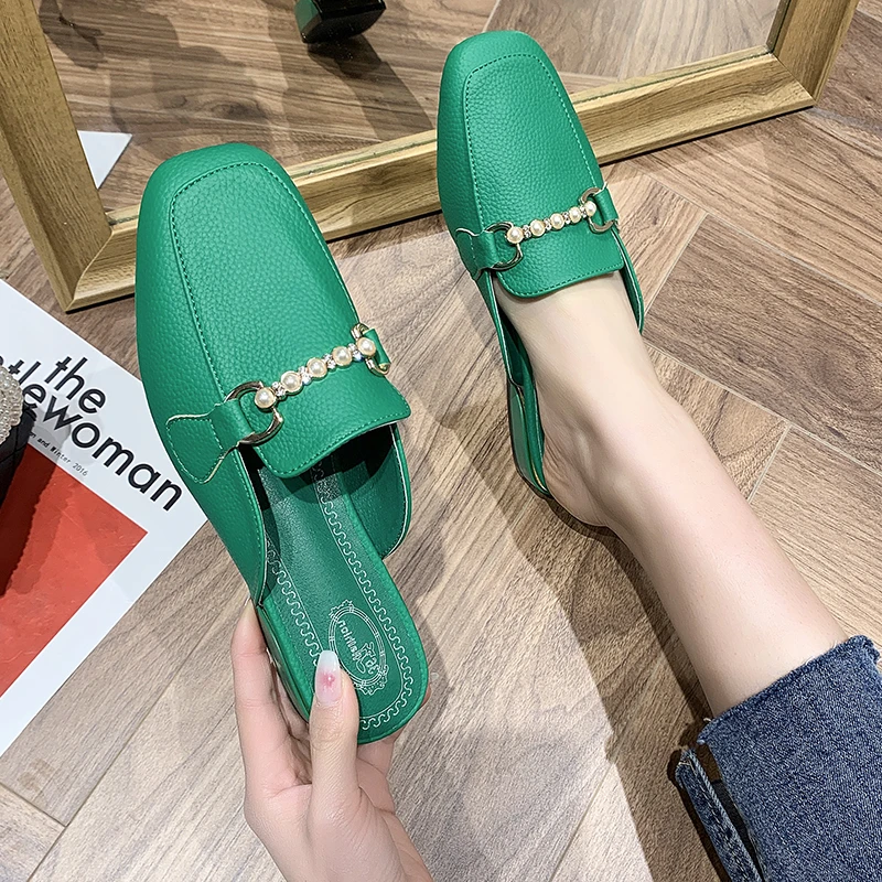 

Spring Autumn Fashion Flats Mules String Bead Slippers Women Shoes 2022 Pu Leather Sandals Dress Flip Flops Party Mujer Slides